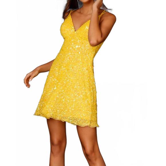 NEW ALETA short beaded and sequined homecoming dress in neon yellow - Picture 1 of 2
